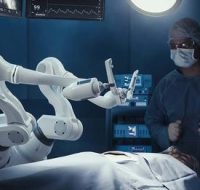 Two Surgeons Observing High-Precision Programmable Automated Robot Arms Operating Patient In Futuristic Hospital. Robotic Limbs Performing Advanced Nanosurgery, Doctors Looking At Vitals On Monitor